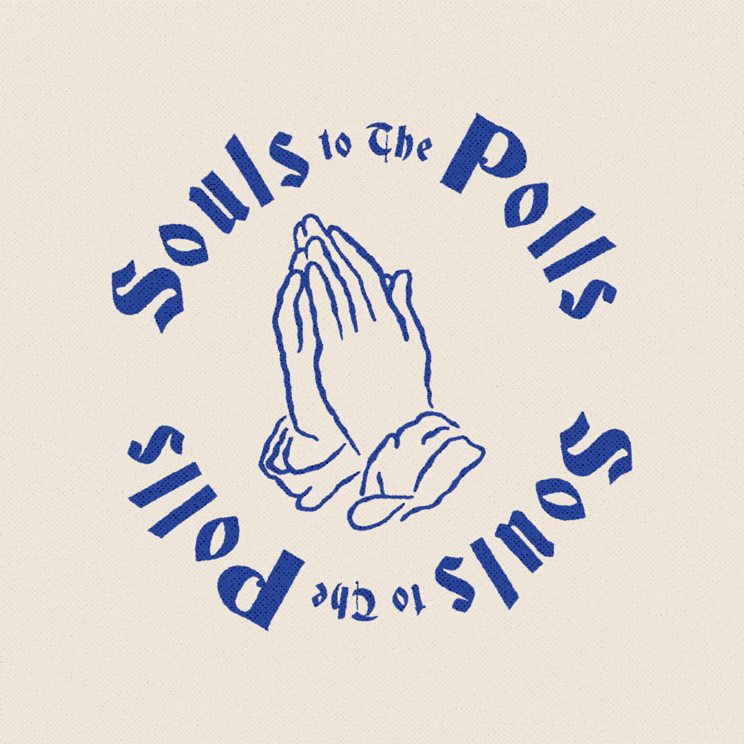 Illustrated gif. Blue line drawing prayer hands on a beige background, phrase in gothic font circling around. Text, "Souls to the polls."