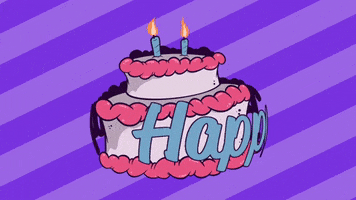 Digital illustration gif. Two lit candles on a two-tiered pink and white birthday cake. Text circles the cake against a light and dark purple striped background. Text, "Happy Birthday."