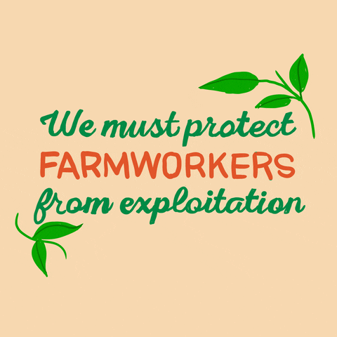 Text gif. Framed by leaves, text reads, "We must protect farmworkers from exploitation," against a peachy beige background.