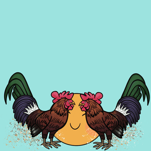 Cartoon gif. A happy, smiling sun rises above two cartoon roosters before the words "Good morning!" follow it up the sky.