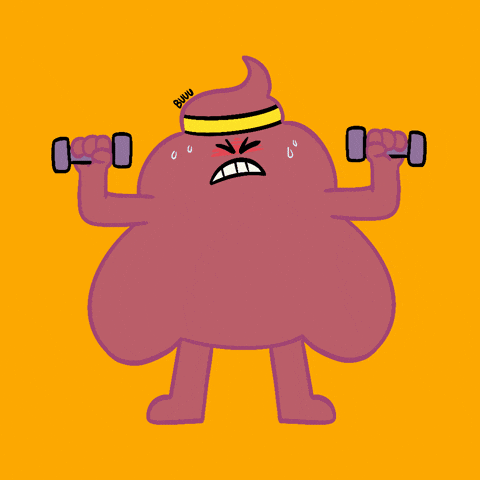 Cartoon gif. An anthropomorphic blob wearing a sweatband winces, flexes, and sweats, lifting dumbbells over its head repeatedly.