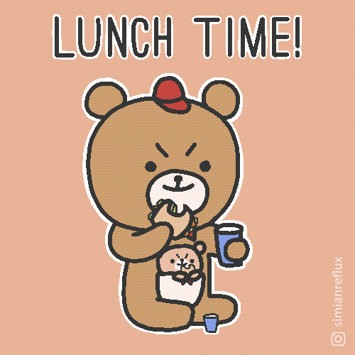 Illustrated gif. A bear smiles mischievously, holding a sandwich and a drink. In a pocket on the bear's belly is a miniature bear holding the same things. Text, "Lunch time!"