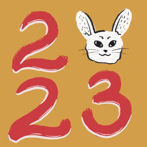 Digital art gif. Vermillion digits on an ochre gold background read "2023," a white bunny head in place of the 0 smiling and squinting.