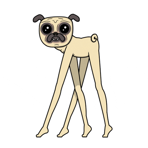 Cartoon gif. A cream-colored pug dog with long, human legs stares at us as it walks to the side.