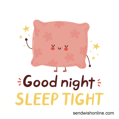 Digital illustration gif. Pink fluffy pillow with a cute smiley face, blushing cheeks, legs, and arms bobs up and down with eyes closed, surrounded by stars. Text, "Good night, sleep tight."