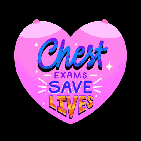 Digital art gif. Big pink heart on a black background, beating in time, with nipples at the crest of its arches to emulate breasts. Within, stylized lettering sparkles and reads, "Chest exams save lives."