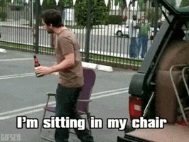 TV gif. Charlie Day as Charlie in It's Always Sunny in Philadelphia, beer in hand, sits into a lawn chair, declaring "I'm sitting in my chair, I'm relaxing, I'm getting blackout drunk, and you're leaving me alone!"