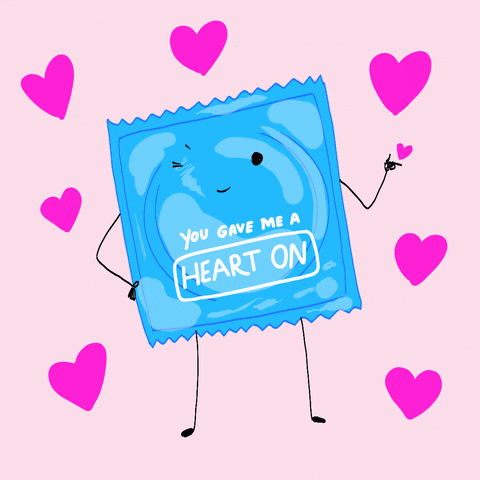 Digital art gif. Text "You gave me a heart on," across an unopened condom, who points and winks, surrounded by bouncing hearts.