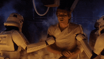 Star Wars gif. From the Empire Strikes Back, Harrison Ford as Han Solo gets taken away by Storm Troopers, and Carrie Fisher as Princess Leia looks on. Text, "I know."