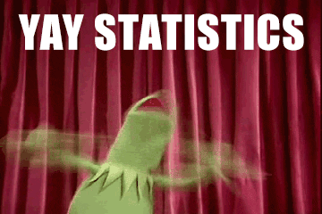 Gif of Kermit the frog dancing and flailing his arms with the words "Yay Statistics" in block letters above