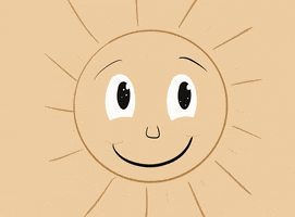 Digital illustration gif. Friendly, smiling sun drawn in brown blinks at us with big cartoon eyes in front of a tan background. 