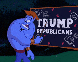 Disney gif. Genie from Aladdin in a mortarboard pointing at a chalkboard message that reads, "Trump Republicans," then flips to complete the message, "Lose, Lie, Lash out."