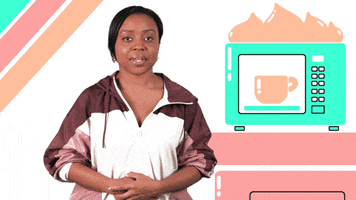 Celebrity gif. Quinta Brunson looks at the animated scene behind her, which shows a mug in a microwave on fire, then looks forward straight face and gives a thumbs-up.