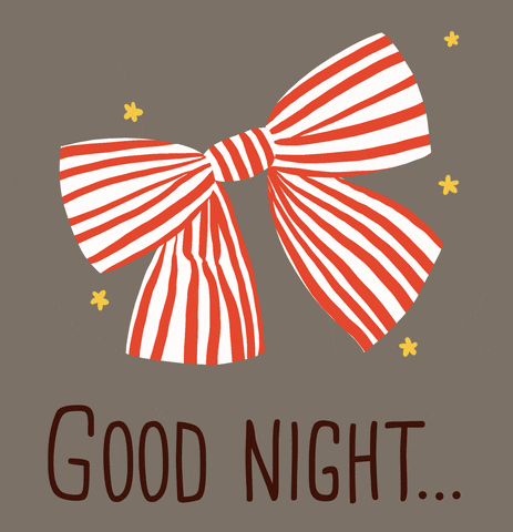 Illustrated gif. A red and white striped bow teeters back and forth as gold stars shift around it. Text, "Good night."