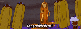 Cartoon gif. Princess Bubblegum from Adventure Time tosses up colorful confetti and shouts "congratulations!," surrounded by a small crowd.