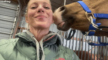 Video gif. A woman smiles and laughs at us as a horse wiggles his nose against her ear to tickle her. 