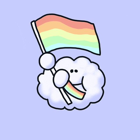 Cartoon gif. A smiling cloud with rainbow arms waves a rainbow flag.