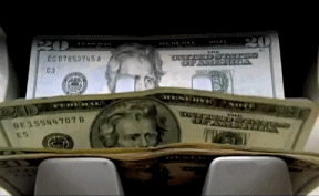 Video gif. A close-up on twenty-dollar bills endlessly spilling out of an ATM.