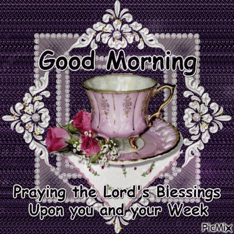 Text gif. A glittering pink tea cup surrounded by flowers. Text, “Good morning. Praying the Lord’s Blessings upon you and your week.”
