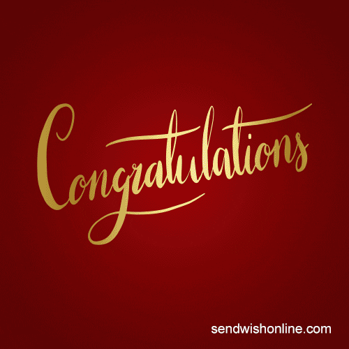 Text gif. Beautiful gold script reads "Congratulations" as the background faded from red to purple to blue. 