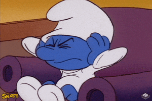Cartoon gif. Smurf sits in an armchair, covering its ears and shaking its head.