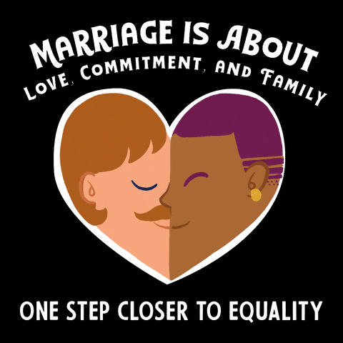 Digital art gif. Heart with rotating series of faces meeting in the center, giving the illusion of a couple hugging or kissing. Text, "Marriage is about love, commitment, and family. One step closer to equality."