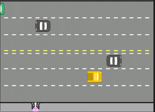 ALT- O gif apresenta um jogo com vários carros se movimentando em faixas diferentes, e um personagem atravessando essas faixas entre os carros.