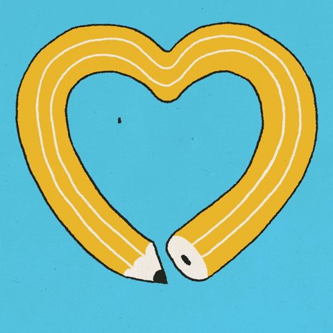 Digital art gif. Yellow pencil bent in the shape of a heart bounces against a light blue background. Text, “Bully free zone.”
