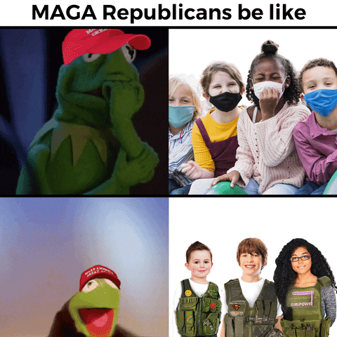 Meme gif. Two gifs, two images. First gif: Kermit the Frog wearing a red "Make America Great Again" hat, his fingers pressed to his mouth in worry. Corresponding image is of four children smiling and wearing face masks. Second gif: Kermit wearing a red "Make America Great Again" hat and jumping around happily, flailing his arms. Corresponding image is of three children wearing bulletproof army vests.
