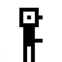 Illustrated gif. Simple 8-bit-style stick figure character appears to bounce, waving its pixelated penis up and down.
