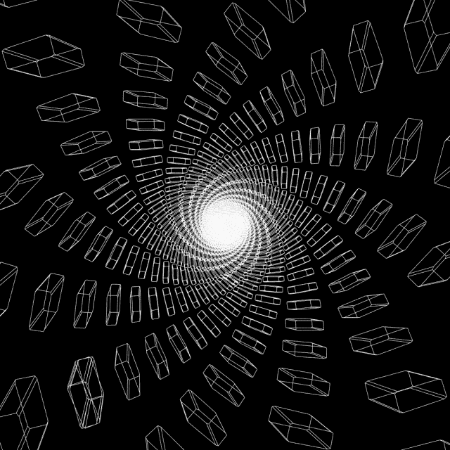 boxes on a black background all converging in on a light in the middle, making a spiral