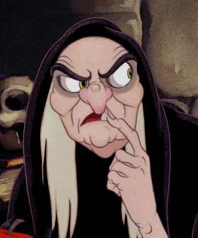 Disney gif. The Evil Queen from Snow White and the Seven Dwarves. She has a crinkly finger to her lip and her eyes shift side to side.