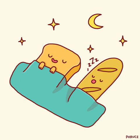 Illustrated gif. A slice of bread sleeping peacefully next to a baguette under a blanket as a crescent moon and stars twinkle above.