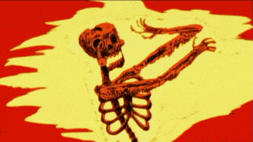 Digital art gif. Cartoon skeleton with its skull cracked open and an eyeball hanging out from one eye socket is getting scorched by a never-ending jet of bright yellow flame as it tries to shield itself with its arms.