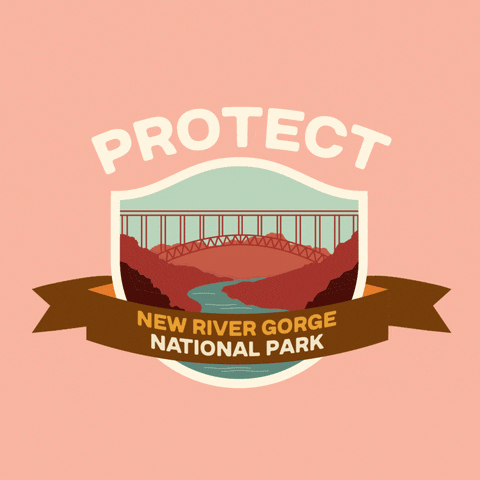 Digital art gif. Inside a shield insignia is a cartoon image of an intricate suspension bridge among rolling hills. Text above the shield reads, "protect." Text inside a ribbon overlaid over the shield reads, "New River Gorge National Park," all against a pale pink backdrop.
