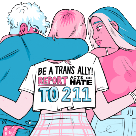 Text gif. Blue, pink, and white illustration of two friends with their arms around a third, a message on the back of their shirt reads "Be a trans ally! Report acts of hate to 211."