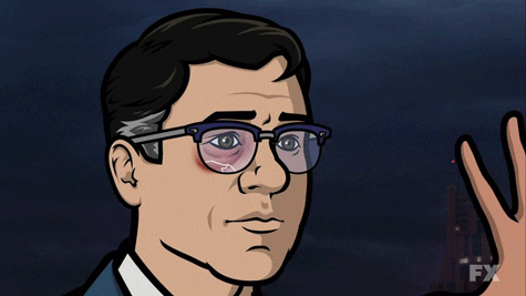 An animated GIF from the TV show Archer, where Lana walks past a male character and shoves his face away from her.