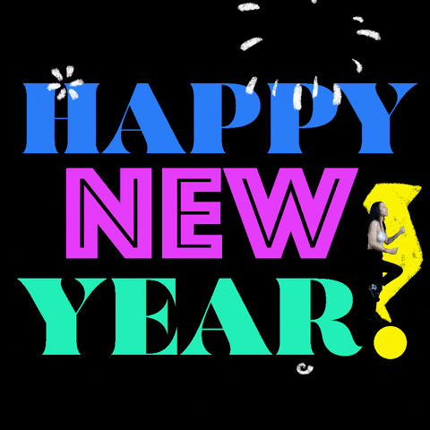 Text gif. The words "Happy New Year," in blue, pink, and aqua, with illustrated fireworks on a black background, a goofy teenage girl dancing around with high knees on the dot of the exclamation point.