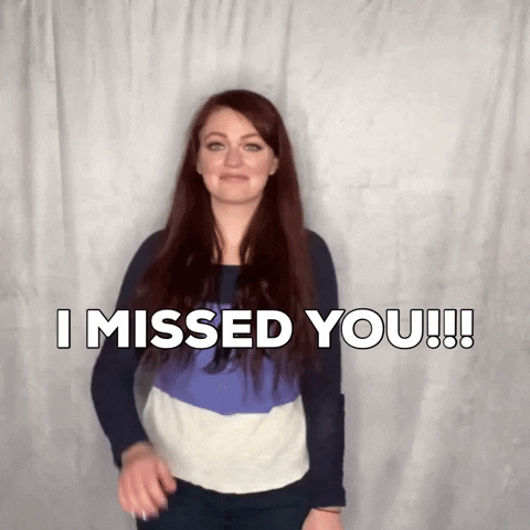 Video gif. Singer Ryn Dean waves her hand excitedly and smiles. Text, "I missed you!!"