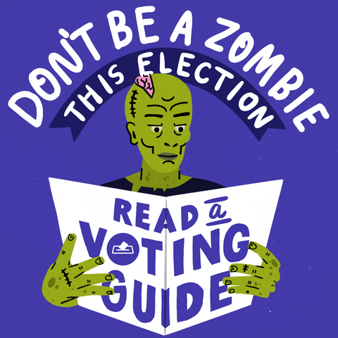 Digital art gif. Green zombie with an exposed brain reads a pamphlet against a blue background. Text, “Don’t be a zombie this election; read a voting guide.”
