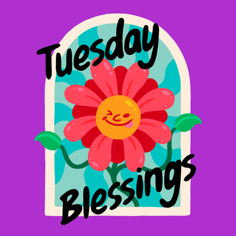 Animated graphic gif. Bee buzzes around a smiling, winking flower that fills a window frame against a bright purple background. Text across the window reads, "Tuesday blessings."