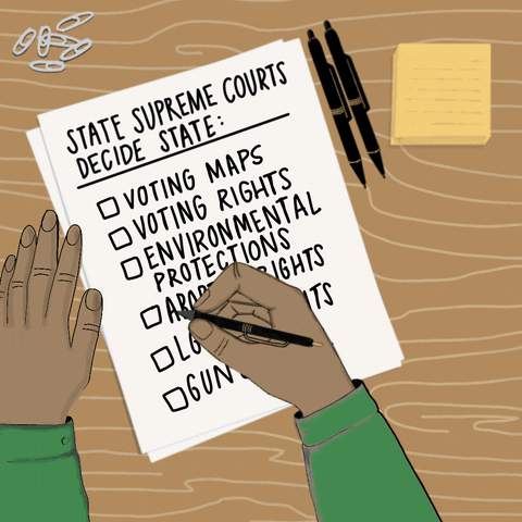 Political gif. Hand on a desk marking a checklist titled "State supreme courts decide state," checking off the boxes, "Voting maps, voting rights, environmental protections, abortion rights, LGBTQ+ rights, gun control."