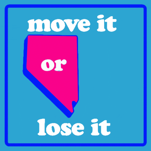 Digital art gif. Five colorful hands over a blue background reach out to the shape of Nevada and push it forward, flanked by the text, “Move it or lose it.” The text changes to “Reproductive rights are on the ballot.”