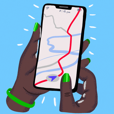 Digital art gif. Manicured hands hold a smartphone against a light blue background. On the screen, we see a map that reads, “Finding route…Access to abortion.” Below, the calculated miles increase from 26 miles to 352 miles.