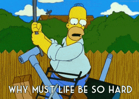 The Simpsons gif. In a yard, Homer wields a tire iron, angrily beating on various pipes and equipment, shouting, "Why must life be so hard," which appears as text.