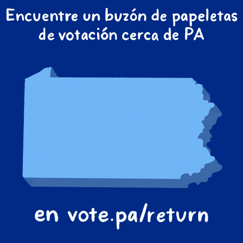 Digital art gif. Ballot boxes popping up all over a 3D graphic of the state of Pennsylvania. Text, "Encuentre un buzón de papeletas de votación cerca de Pennsylvania, en vote-dot-PA-slash-return.