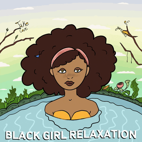 Illustrated gif. A black woman in a yellow bikini sits in a pool surrounded by lush greenery and tropical birds, looking calm. She glances up with a slight smile at a tiny blue bird that pops out from her full natural hair to sing its song. Text, "Black girl relaxation."