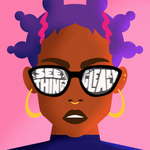 Digital art gif. Illustration of a black woman with large gold hoop earrings and a nose ring wearing sunglasses that are labeled in fuzzy text “See things clearly.” The sunglasses are swiped with windshield wipers, and the text “Read a voting guide” appears.
