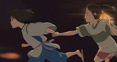 Anime gif. Haku and Chihiro in Spirited Away hold hands as they run away. 