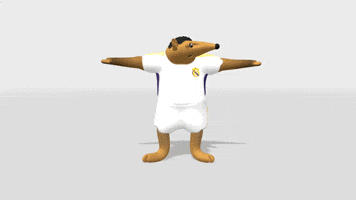 Sports gif. A 3D rendering of a hedgehog with a head of curly hair standing upright in a white Real Madrid soccer jersey. Its arms are raised as it stares around itself in awe.  